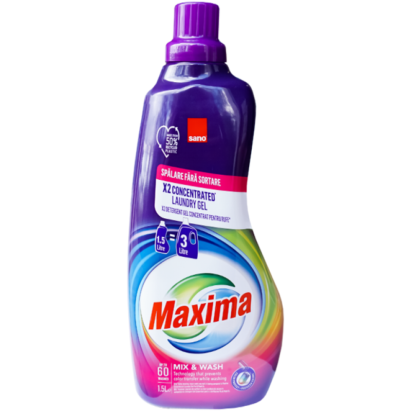 Detergent gel concentrat pentru rufe Sano Maxima Mix & Wash, 60 spalari, 1.5 litri